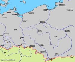 Návsí (červený bod) cca 10 km od hranice maximálního rozsahu kontinentálního zalednění v pleistocénu (červená linie). Kredit: www.kristallin.de