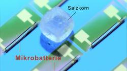 Mikrobaterie a zrnko soli. Kredit: TU Chemnitz/Leibniz IFW Dresden.