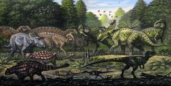 Idealizované zobrazení dinosauří megafauny jednoho z nejbohatších severoamerických souvrství – geologické formace Kaiparowits. Nachází se na jihu amerického státu Utah a stáří jeho vrstev činí zhruba 77 až 73 milionů let. Na obrázku jsou zobrazeny druhy Teratophoneus curriei, Kosmoceratops richardsoni, Akainacephalus johnsoni, Nasutoceratops titusi, Parasaurolophus cyrtocristatus, Gryposaurus monumentensis a Talos sampsoni. Kredit: ABelov2014; Wikimedia Commons (CC BY 3.0)