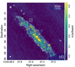 Centrum galaxie NGC 4945 v oblasti milimetrových vln (křížek) a Punctum (ve čtverci). Kredit: Shablovinskaia et al. (2025), arXiv. Centrum galaxie NGC 4945 v oblasti milimetrových vln (křížek) a Punctum (ve čtverci). Kredit: Shablovinskaia et al. (2025), arXiv.