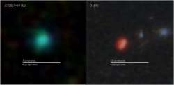 Rozdíl u pozorování kompaktní galaxie typu zelený hrách. Nalevo je relativně blízká galaxie pozorovaná přehlídkou SDSS a napravo velmi vzdálená pozorovaná Webbovým teleskopem (zdroj NASA).