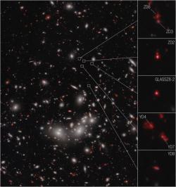 Pomoci gravitačního čočkování bylo pozorováno sedm galaxií, které tvoří vázaný systém a patří do tvořící se protokupy s rudým posuvem z = 7,9 (zdroj NASA).