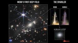 Trpasličí galaxie Prskavka je obklopena kulovými hvězdokupami, které postupně pohlcuje (zdroj NASA).