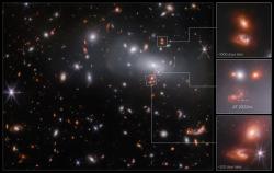 Kupa RX J2129 ve Vodnáři gravitačně čočkuje galaxii, u které tak vidíme tři zobrazení. V ní explodovala supernova Ia typu, jejíž zjasnění proběhlo v každém zobrazení v jiném čase (zdroj NASA).