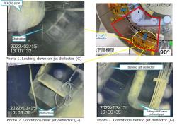Konfrontace schématu části zkoumaných prostor a fotografií pořízených v zatopené spodní části kontejnmentu prvního bloku miniponorkou ROV-A2 v březnu 2022 (zdroj TEPCO).