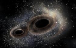 Splynutí dvou černých děr v  umělecké představě (zdroj LIGO).