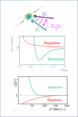 Principem femtoskopie je studium korelace dvojice částic v závislosti na rozdílu jejich hybnosti. Poměr počtu korelovaných a nekorelovaných dvojic v závislosti na rozdílu hybnosti dvojice částic závisí na tom, jestli je interakce mezi nimi přitažlivá nebo odpudivá (prezentace V. Mantovani Sarti na konferenci Quark Matter 2021).