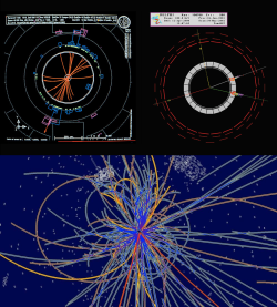 Srovnání srážky elektronu a pozitronu na zařízení LEP (nahoře) a protonu s protonem na zařízení LHC (zdroj CERN)