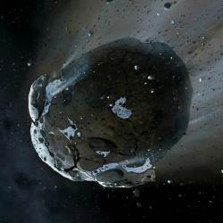 Asteroid plný vody. Kredit: NASA, ESA, M.A. Garlick (space-art.co.uk), University of Warwick & University of Cambridge.