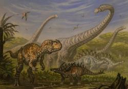 Dinosauří megafauna středně až pozdně jurských ekosystémů geologického souvrství Ša-si-miao (Shaximiao) na území čínské provincie S’-čchuan. Je možné, že právě fosilní kosti těchto dinosaurů stojí za starověkými mýty a legendami o dracích, které jsou zde tradovány už nejméně dvě tisíciletí. Zobrazení dinosauři jsou Yangchuanosaurus magnus (velký teropod), Gigantspinosaurus sichuanensis (stegosaur v popředí), Mamenchisaurus hochuanensis (obří sauropod) a Tuojiangosaurus multispinus (stegosaur v pozadí). Kredit: ABelov2014; Wikipedia (CC BY-SA 3.0)