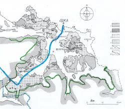 Mapa rozšíření sedimentů sálského zalednění na Ostravsku a v oderské části Moravské brány. 1- souvkové hlíny sálského zalednění, 2 – glacilakustrinní jíly a varvy sálského zalednění, 3 glacilakustrinní písky sálského zalednění, 4 – výchozy hornin skalního podkladu, 5 – hřbetnice valů náporové morény, 6 – hranice maximálního rozsahu sálského zalednění
Hranice maximálního rozsahu zalednění autorem vyznačena zeleně, řeka Odra modře a hlavní evropské rozvodí vytečkováno modře. Převzato z publikace Kvartér Ostravska a Moravské brány, Macoun et al. 1965.
