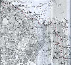 Výřez (cca 61 x 57 km) z geologické mapy Slezska. Hranice zalednění vyznačena červenými body. V údolí Opavy sahá výběžek zalednění od Krnova jihozápadním směrem až do Nových Heřminov. Převzato z publikace Geologické poměry Slezska od F. Drahného z roku 1925.