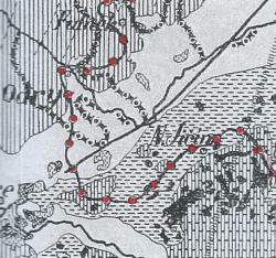 Zobrazení hranice zalednění (čára s červenými body) na mapě F. Drahného (1925). Zobrazena plocha  26 x 28 km. Nejjižnější  hranice zalednění je 10 km JZ od Nového Jičína a 3 km severně od toku Bečvy. Hlavní evropské rozvodí mapa nezobrazuje. Ze situace na mapě je však zřejmé, že ledovec, jehož jižní okraj je zobrazen v šířce 6 km, hlavní evropské rozvodí překračuje.