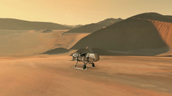 Umělecká předběžná představa o vzhledu dronu Dragonfly na Saturnově měsíci Titanu (zdroj NASA/JHU-APL).