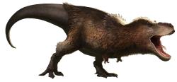 I tak nějak mohl vypadat gigantický exemplář druhu Tyrannosaurus rex, známý zatím jen pod přezdívkou „Goliáš“. Tento přes 13 metrů dlouhý a až 12,5 tuny vážící teropod by byl nepochybně největším suchozemským dravým živočichem, jakého věda zná (pernatý pokryv částí těla je jen hypotetický). Kredit: RJPalmerArt; Wikipedia (CC BY-SA 4.0)