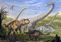 Ukázka některých zástupců druhově extrémně bohaté dinosauří fauny čínského geologického souvrství Ša-si-miao. Zleva jsou zde zobrazeny rody Yangchuanosaurus (teropod), Mamenchisaurus (obří sauropod), Tuojiangosaurus (stegosaurid v pozadí) a Gigantspinosaurus (huayangosaurid v popředí). Čína je dnes se zhruba 350 dinosauřími druhy v tomto ohledu „nejbohatším“ státem na světě. Kredit: ABelov2014; Wikipedia ( CC BY-SA 3.0)