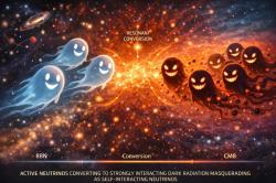 Přeměna neutrin na temné záření. Kredit: Washington University in St. Louis.