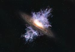 Galaktická bouře černé díry na úsvitu vesmíru. Kredit: ALMA (ESO/NAOJ/NRAO).