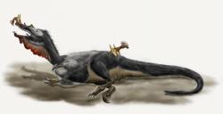 Moderní rekonstrukce druhu Baryonyx walkeri, evropského zástupce čeledi spinosauridů. Přítomnost pernatého pokryvu těla je u tohoto druhu vysoce hypotetická. Tento až 10 metrů dlouhý predátor obýval oblasti dnešní Velké Británie a možná i Portugalska v době před 130 až 125 miliony let. Kredit: Durbed, Wikipedie (CC BY-SA 3.0)