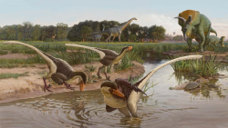 Přibližná podoba ekosystému geologického souvrství Ojo Alamo (zde přibližně před 68 až 67 miliony let). V popředí dromeosaurid Dineobellator notohesperus, vpravo v pozadí ceratopsid Ojoceratops fowleri a zcela vzadu obří titanosaurní sauropod Alamosaurus sanjuanensis. Kredit: Sergej Krasovskij (z práce Jasinsky S. E.; et al. 2020); Wikipedie (CC BY 4.0)