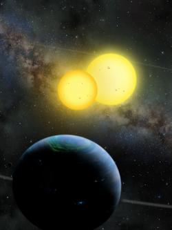 Tři tělesa systému Kepler 35. Kredit: Lynette Cook / extrasolar.spaceart.org.