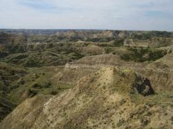 Pohled na pohřebiště dinosaurů z konce křídového období, sedimenty ze souvrství Hell Creek na území Hell Creek State Park ve východní Montaně. Kredit: V. Socha, červenec 2009. Využití snímku jen se svolením autora.