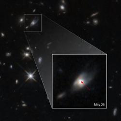 Kilonova ze které vznikl magnetar. Kredit: NASA, ESA, W. Fong (Northwestern University), and T. Laskar (University of Bath, UK).