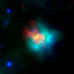 Pozůstatek supernovy G54.1+0.3 na kombinovaném snímku. Kredit: NASA/JPL-Caltech/CXC/ESA/NRAO/J. Rho (SETI Institute)