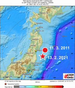 Po deseti letech od velkého zemětřesení v roce 2011 nastalo silné zemětřesení ve stejné oblasti, které může mít s tím původním souvislost. Na mapě je vyznačena přibližná poloha epicenter obou zemětřesení. Kredit: JMA (Japan Meteorological Agency).