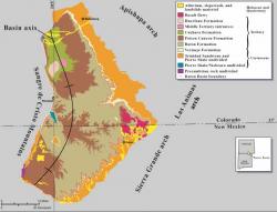 Geologická mapa oblasti Raton Basin, v jejíchž svrchnokřídových sedimentech leží doklady o jedněch z posledních žijících neptačích dinosaurů. Pochází odtud také významné doklady o samotném K-T impaktu. Oblast se rozkládá na severovýchodě Nového Mexika a na jihovýchodě Colorada. Kredit: Ronald C. Johnson and Thomas M. Finn – US Geological Survey Bulletin 2184-B, „Potential for a Basin-Centered Gas Accumulation in the Raton Basin, Colorado and New Mexico“, p.2. (Wikipedie)