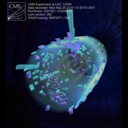 Rekordní srážka protonů na LHC o výsledné energii 13 TeV na detektoru CMS. Kredit: CMS / CERN.