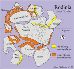 Rodinie, asi před 700 miliony let. Kredit: Hoffman (1991).