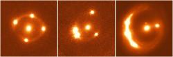 Čočkované kvasary PG1115+ 080, HE0435-1223 a RXJ1131-1231. Kredit: W. M. Keck Observatory.