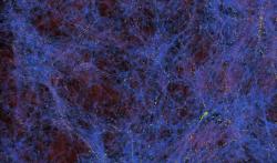 Simulace struktury vesmíru. Temná hmota modře. Kredit: Zarija Lukic/Lawrence Berkeley National Laboratory.