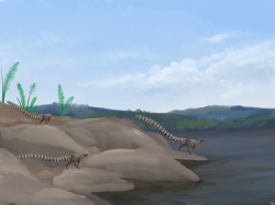Idealizovaná ekologická scéna s trojicí dospělců druhu Leaellynasaura amicagraphica s extrémně dlouhími ocasy a hypotetickým pestře zbarveným opeřením. Podobná scéna se mohla odehrávat přibližně před 115 miliony let na území současné jihozápadní Austrálie. V době existence těchto dinosaurů se oblast nacházela za jižním polárním kruhem. Kredit: Paleoequii; Wikipedia (CC BY-SA 4.0)