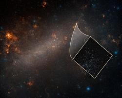 Snímek Velkého Magellanova oblaku, ve výřezu detailní snímek z Hubbleova teleskopu. Kredit: NASA, ESA, Adam Riess, and Palomar Digitized Sky Survey.