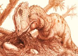 Moderní rekonstrukce vzezření vývojově primitivního teropoda druhu Dilophosaurus wetherilli. Svému filmovému protějšku si tento raně jurský severoamerický neoteropod příliš podobný není. Kredit: Brian Engh; Wikipedia (CC BY 4.0)