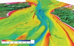 ohled ve 3-D perspektivě na centrální části úžiny. Srázy na straně jižní Británie byly kdysi součástí srázů severozápadní Francie. O síle živlů, které  úžinu tvořily vypovídá její šíře 33 kilometrů. Ktedit: Imperial College London