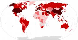 Rozšírenie ochorenia COVID-19 aktualizované.  Map of the COVID-19 outbreak as of 19 March 2020. Authors of File:BlankMap-World.svg .CC BY-SA 4.0