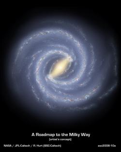 Náš galaktický domov, Mléčná dráha. Zkoumáme ho zevnitř, přesto si jeho strukturu dokážeme, na základě bezpočtu vědeckých studií, představit i z nadhledu. Kredit: NASA. Obrázek v plném rozlišení zde: https://solarsystem.nasa.gov/system/downloadable_items/152_ssc2008-10a.tif