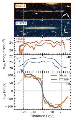 Srovnání vzdáleného hvězdného pásu (object) s místní plochou galaxií IC5249 pozorovanou zboku: obrázky (a, b); profil absolutní jasnosti (c, d je v UV spektru); rotační křivky (e). Nový objekt a galaxie IC5249 jsou si ve fyzikálních parametrech velmi podobné. Kredit: Almeida, J.S. et al., Astronomy & Astrophysics 2023