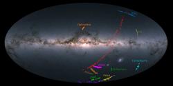 Virtuální pohled na stelární proudy obíhající Mléčnou dráhu, rekonstrukce které vznikla na základě mapování oblohy evropskou sondou Gaia. Protože AAT je australský dalekohled, projekt S⁵ mapuje pouze proudy na jižní obloze. Kredit: Ting Li, S⁵ Collaboration a ESA