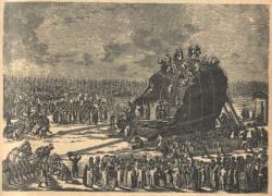 Transport žulového bludného balvanu „Hrom“ (1250 tun) na bronzových koulích pro podstavec jezdecké sochy Petra Velikého v Petrohradu roku 1769. Dobová ilustrace.