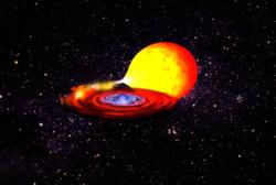 Neutronová hvězda v dvojhvězdném systému s červeným obrem. Dochází k přetoku hmoty, emisi rentgenova záření a urychlování rotace neutronové hvězdy (zdroj NASA).