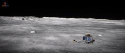 Umělecká představa indického přistávacího modulu na povrchu Měsíce v oblasti jižního pólu (zdroj ISRO).