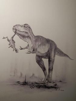 Ilustrace pravděpodobného vzezření eutyranosaurního tyranosauroida druhu Bistahieversor sealeyi v podání Vladimíra Rimbaly. Ilustrace je součástí knihy Legenda jménem Tyrannosaurus rex, která vyšla autorovi blogu v květnu roku 2019. Teropod na obrázku právě ulovil jedince menšího pachycefalosaurida druhu Stegoceras novomexicanum. Kredit: Vladimír Rimbala, Legenda jménem T. rex (Socha, V., nakl. Pavel Mervart, 2019)