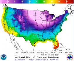 Polární vortex v USA. Kredit: National Weather Service.