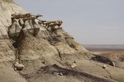 Horninové výchozy geologického souvrství Kirtland na území Nového Mexika. Právě v těchto pozdně křídových sedimentech starých 74 až 75 milionů let byla objevena i holenní kost exempláře NMMNH P-25085. Kredit: N. Longrich; Wikipedia (CC BY-SA 4.0)