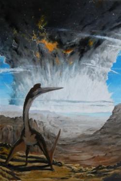 Obří pterosaur z čeledi Azhdarchidae sleduje konec druhohodní éry v přímém přenosu. Jak ukazují nové objevy, ke hromadnému vymírání před 66 miliony let vydatně přispěl i globální oblak jemného prachu, vyhozený srážkou do atmosféry. Kredit: Vladimír Rimbala (pro autorovu knihu Velké vymírání na konci křídy; 2016).