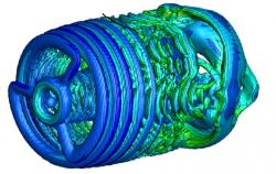 Simulace víření vzduchu při jeho průchodu dvojitým rotorem větrné turbíny. První tři brázdy jsou dílem listů hlavního rotoru. Sekundární rotor se podepisuje změnou proudění až za nimi. Odborníkům prý již z tohoto obrázku je zřejmé, že navrhovaným řešením turbína energii proudícího vzduchu využívá lépe. Kredit: Anupam Sharma. 